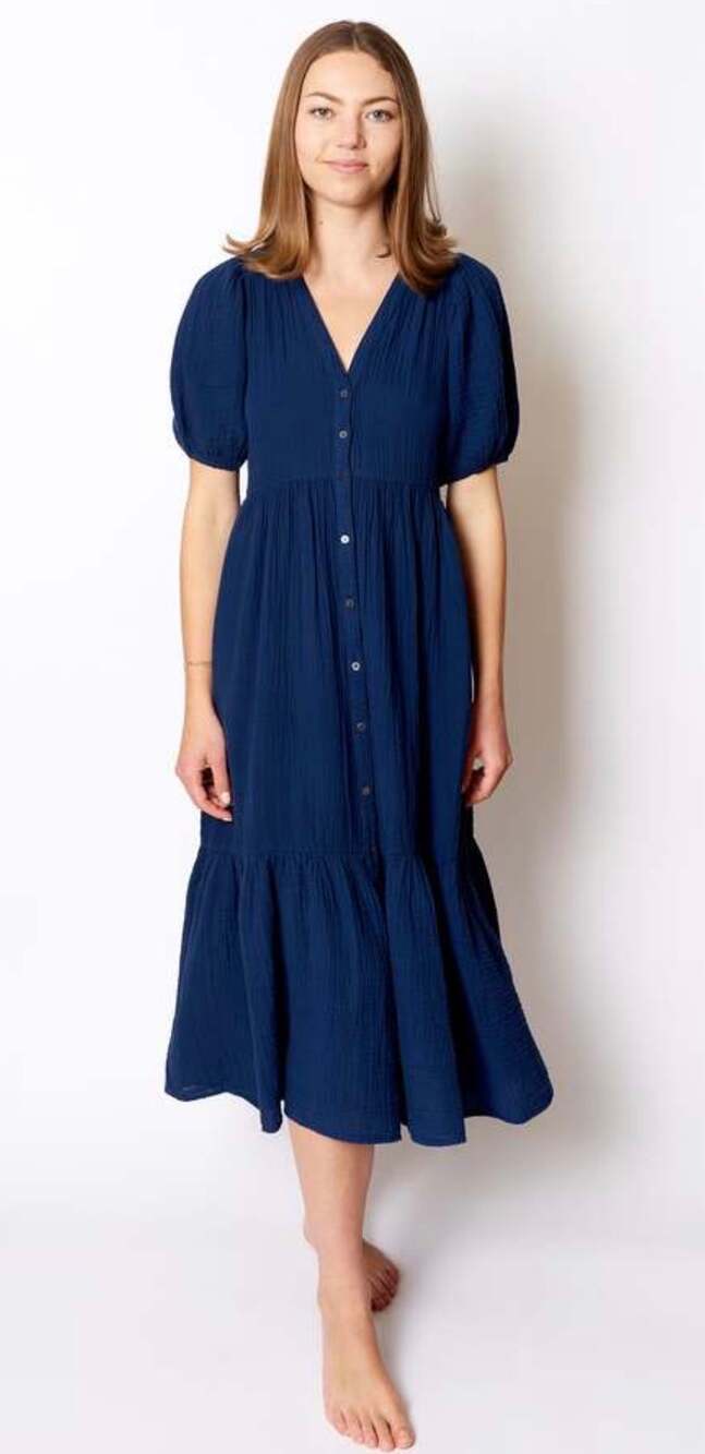 Xirena Maxi Dress 100% Cotton Navy Blue Button Down Deep V-neck size XL